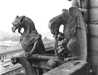 Gargulce z balustrady Grande Galerie fasady zachodniej, replika oryginału z XII wieku (kamień) (zdjęcie czarno-białe)