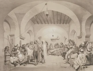 Cafe du Divan, Algier, z tomu upamiętniającego francuskie siły ekspedycyjne, które zdobyły Algier w 1830 r., ryty przez Adolphe Jean-Baptiste Bayot (1810-66)