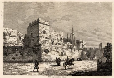Pałac wielkich mistrzów na Rodos, rysunek Eugeniusza Flandina, ilustrujący jego podróż na wyspę Rodos w 1844 roku. Grawer w „”Le tour du monde””, pod redakcją Edouarda Chartona