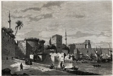 Widok portu Rodos i bramy Aubusson, rysunek Eugene