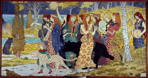 Art Nouveau: „„Harmony”” Muzycy i zwierzęta. Lava emaillee autorstwa Eugene Grasseta (1841-1917) 1893 Nd. 1,3x2,45 m Paryż, musee d