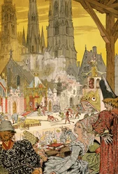 Przedstawienie tajemnicy na dziedzińcu katedry, ilustracja do Notre-Dame de Paris autorstwa Victora Hugo (1802-1885)