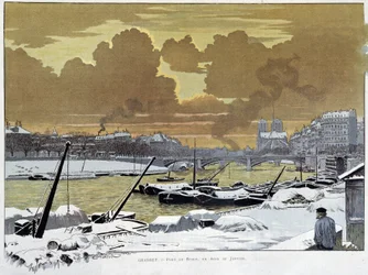 Le pont de Sully, w Paryżu pokryty śniegiem, pewnego styczniowego wieczoru 1886 - autorstwa Grasset