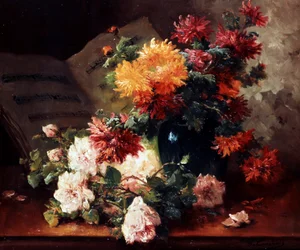 Chryzantemy i róże. Obraz autorstwa Eugene Henri Cauchois (1850-1911) Kolekcja prywatna.