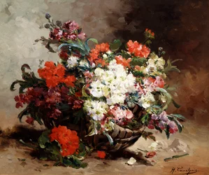Letnie kwiaty w koszu. Obraz autorstwa Eugene Henri Cauchois (1850-1911 Francja) Kolekcja prywatna