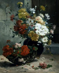 Martwa natura z letnich kwiatów (pelargonie i stokrotki). Obraz autorstwa Eugene Henri Cauchois (1850-1911) Kolekcja prywatna.