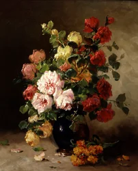 Martwa natura z różami i goździkami. Malarstwo Eugene Henri Cauchois (1850-1911) Prywatna kolekcja.