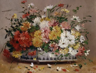 Doniczka z letnimi kwiatami (stokrotki). Obraz autorstwa Eugene Henri Cauchois (1850-1911) Kolekcja prywatna.