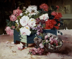 Czerwone i różowe róże. Obraz autorstwa Eugene Henri Cauchois (1850-1911) Kolekcja prywatna.
