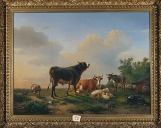 Byk, krowa, osioł, koza, owce i drób w rozległym krajobrazie, 1849