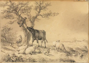 Pejzaż ze zwierzętami i chłopcem na drzewie, 1866