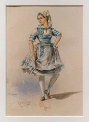 Korrigane. Balet Charlesa-Marie Widora, modelka kostiumowa. 1880, długopis, akwarela i gwasz na papierze.