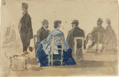 Panie i panowie siedzą na plaży z psem, 1866.