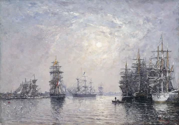 Le Havre, Eure Basin, żaglówki na kotwicy, zachód słońca; Le Havre, Eure Basin, żaglówki na kotwicy, zachodzące słońce, 1870