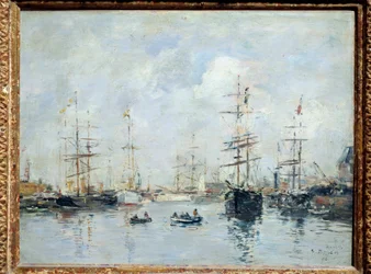 Żaglówki w porcie, Deauville w 1896 r. Obraz Eugene Louis Boudin (1824-1898) 1896 nd. 0,26 X 0,35 m Lyon, musee des Beaux Arts