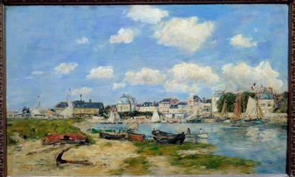 Widok na obraz Trouville Beach autorstwa Eugene Louis Boudin (1824-1898) 1864 Nd. 0,37x0,58 m Lyon, Musee des Beaux Arts