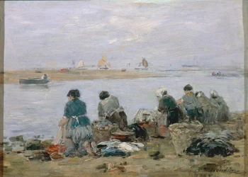 Praczki nad brzegiem rzeki Touques w pobliżu Trouville, Eugene Boudin, obraz