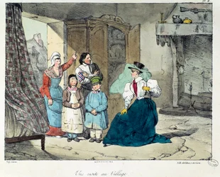 Wizyta w wiosce. Bogata kobieta odwiedza biedną rodzinę. Ilustracja do książki „La vie de chateau””. Grawerowanie Eugene Louis Lami (1800-1890)