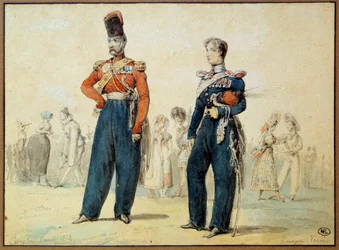 Kostium balowy: dwóch mężczyzn w mundurach wojskowych. Rysunek Eugene Louis Lami (1800-1890) XIX-wieczny Paryż, Luwr