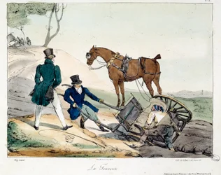 Wypadek wagonowy spowodowany przez kolej. Ilustracja do książki „La vie de chateau””. Grawerowanie Eugene Louis Lami (1800-1890)