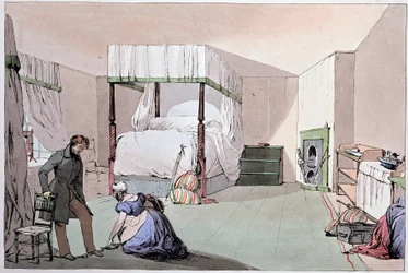Hostel: służący pomagający klientowi założyć buty. Ilustracja Eugene Louis Lami (1800-1890), połowa XIX wieku