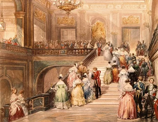 Król Ludwik Filip I (1773 - 1850) i królowa Maria Amelia de Bourbon (1782 - 1866) przyjęli gości z okazji otwarcia Muzeum Wersalskiego w 1837 roku. Ilustracja Eugène Lami (1800 - 1890).