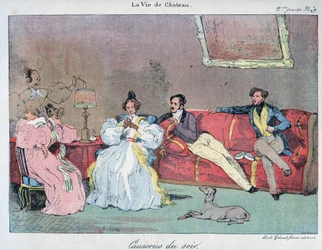 La Vie de chateau - Rozmowy wieczorne - Ilustracja Eugene Lami (1800-1890) W „” LE-RIRE”” z 1885 r.
