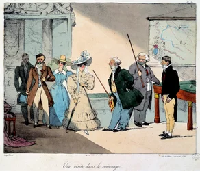 Życie na zamku: wizyta w okolicy. Litografia rysunku Eugene Louisa Lami (1800-1890) 1828 Paryż, Musee Carnavalet