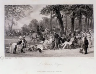 Pasażerowie i spacerowicze na Polach Elizejskich (Champs-Elysees) w Paryżu. Grawer Eugene Louis Lami (1800-1890) 1841 Kolekcja prywatna