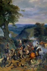 Wojny Rewolucyjne: „”Bitwa w Defiles Argonne pod dowództwem generała Dumourieza we wrześniu 1792”” Obraz Eugene Louis Lami (1800-1890) 1834 Nd. 1,9x0,9 m²