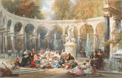 Towarzystwo przy Bosquet de la Colonnade w ogrodzie Wersalskim.