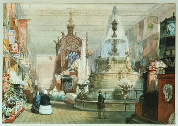 Brytyjska trybuna na Wielkiej Wystawie w Crystal Palace, z trybuną Minton po prawej stronie, 1851