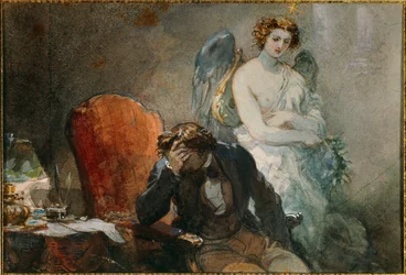 Noc październikowa Ilustracja do twórczości Alfreda de Musseta (1810-1857). Akwarela Eugene Louis Lami (1800-1890) XIX w. Słońce. 0,1x0,14 m Malmaison, musee du chateau