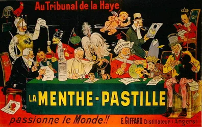 Plakat reklamujący „La Menthe-Pastille” nawiązujący do Pierwszej Haskiej Konferencji Pokojowej z 1899 r. (lito kolorowe)