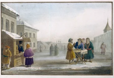 Wędrowny sprzedawca tytoniu przed sklepem tytoniowym w Rosji. Praca Eugene Pluchart (1809-1880), litografia i akwarela