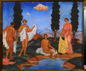 Kąpiący się - Praca Eugeniusza Zaka (1884-1926), tempera na tekturze