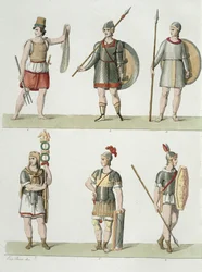 Żołnierze rzymscy, fragment z tablicy 2, klasa 5 części I Historii Narodów, rytowany przez akwatintę Buttazona patrz także 93289