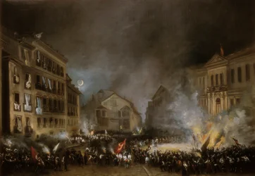 Epizod rewolucji 1854 na Puerta del Sol w Madrycie. Obraz Eugenio LUCASA VELAZQUEZ