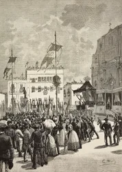 Inauguração do monumento a Victor Emmanuel II (1820-1878), primeiro rei da Itália, na presença de Umberto I (1844-1900), rei da Itália, estátua de Eugenio Maccagnani (1852-1930), Lecce, Itália