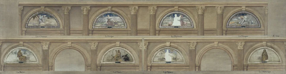 Szkic do jadalni Hôtel de Ville de Paris: Pola. Sad. Klomb. Ogród warzywny. Rybołówstwo. Polowanie. Gospodarstwo. Pastwisko, około 1891