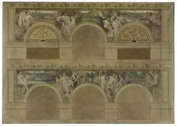 Szkic jednego z salonów wstępnych Hôtel de Ville de Paris: Le Travail. Les Réjouissances. La Charité, 1892 (czarny tusz, olej na płótnie)