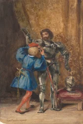 Goetz von Berlichingen ubrany w zbroję przez swego Page George
