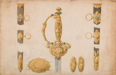 Projekt okucia rękojeści miecza, pochwy i pasa, ca. 1840-50.