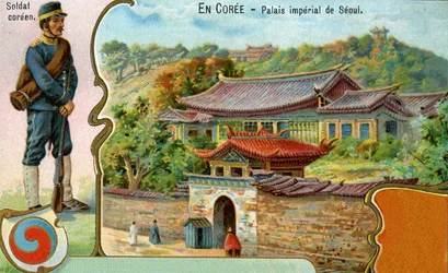 Koreański żołnierz, koreański symbol Taegeuk i widok na cesarski pałac w Seulu, 1904