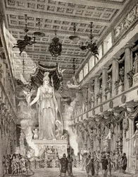Wizja artystyczna posągu bogini Ateny w Partenonie w Atenach w okresie klasycznym, z „El Mundo Ilustrado”, opublikowanej w Barcelonie, 1880 (lito)
