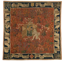 Gobelin Mille fleurs przedstawiający zieleń, tarczę herbową i dzikiego człowieka, ok. 1500 r. (wełna)