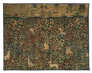 Fragment gobelinu Mille fleurs przedstawiający zwierzęta, ptaki i krajobraz, ok. 1500 r. (wełna)