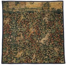 Fragment gobelinu Mille fleurs przedstawiający zwierzęta, ptaki i krajobraz, ok. 1500 r. (wełna)