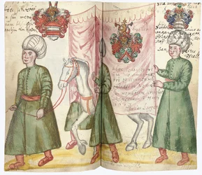 Strony z Albumu Amicorum Juliusza Pfluga, m.in. strój turecki i herby, 1600-13