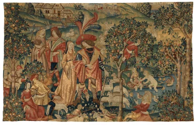 Gobelin przedstawiający scenę pasterską ze zbieraniem owoców lub Seigneur w swoim parku lub Sojuszu Wiejskim i zbieraniu owoców, ok. 1500 r. (wełna i jedwab)